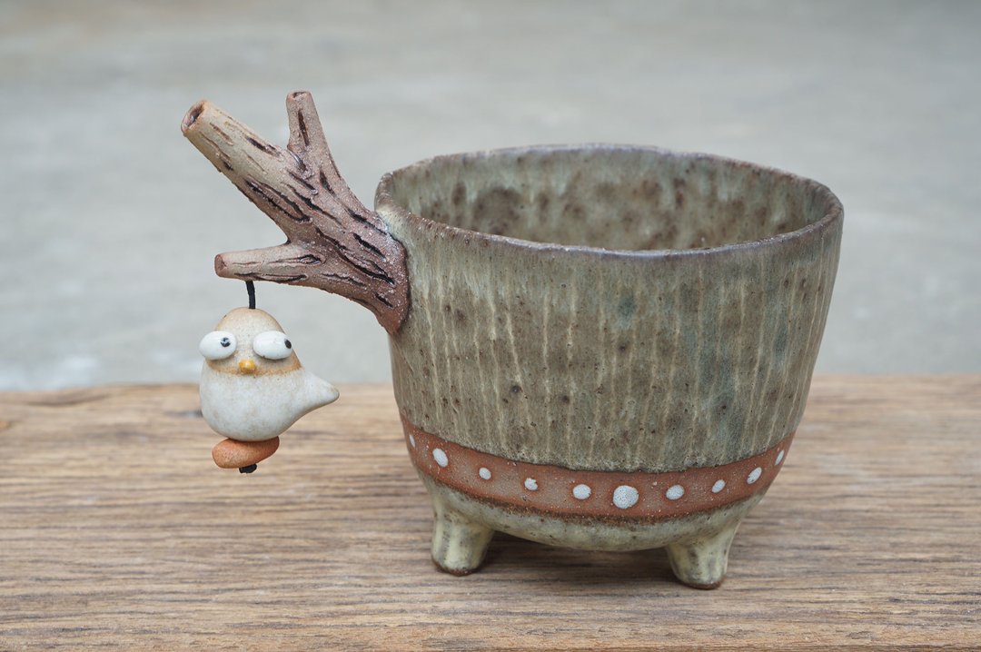 Branch plant pot for cactus ,little owl , handmade ceramic , pottery - 植栽/盆栽 - 陶 咖啡色