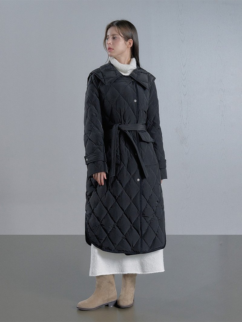 领航员领 绗缝鹅绒长版铺棉外套 - 黑色 - 女装休闲/机能外套 - 其他材质 黑色