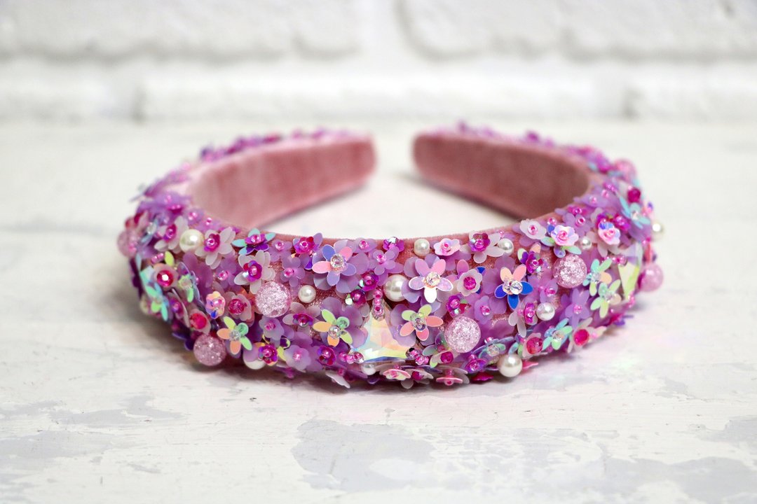 Lilac crystal perls headband Bridal gentle flowers tiara Diadem with flowers - 发带/发箍 - 玻璃 粉红色