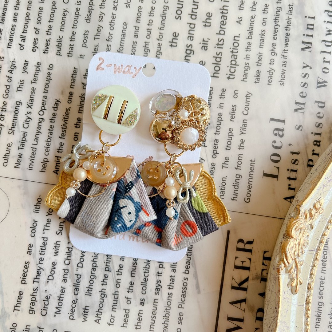 wow handmade 星辰 复古钮扣耳环 2way缎带设计 送礼推荐 - 耳环/耳夹 - 其他材质 