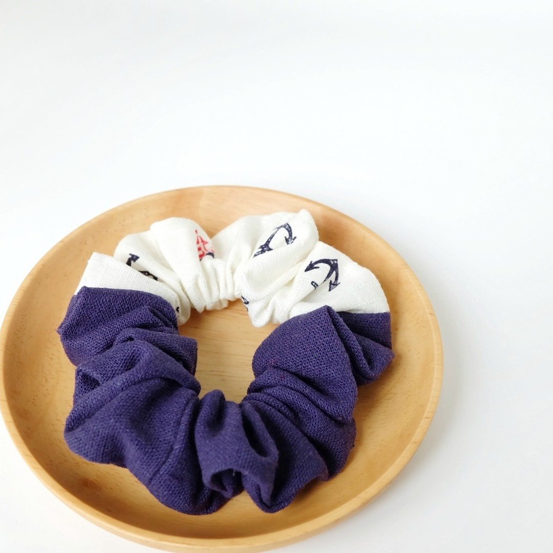Handmade by Beatrice | 手工棉麻拼布船锚 大肠发圈 - 发饰 - 棉 蓝色