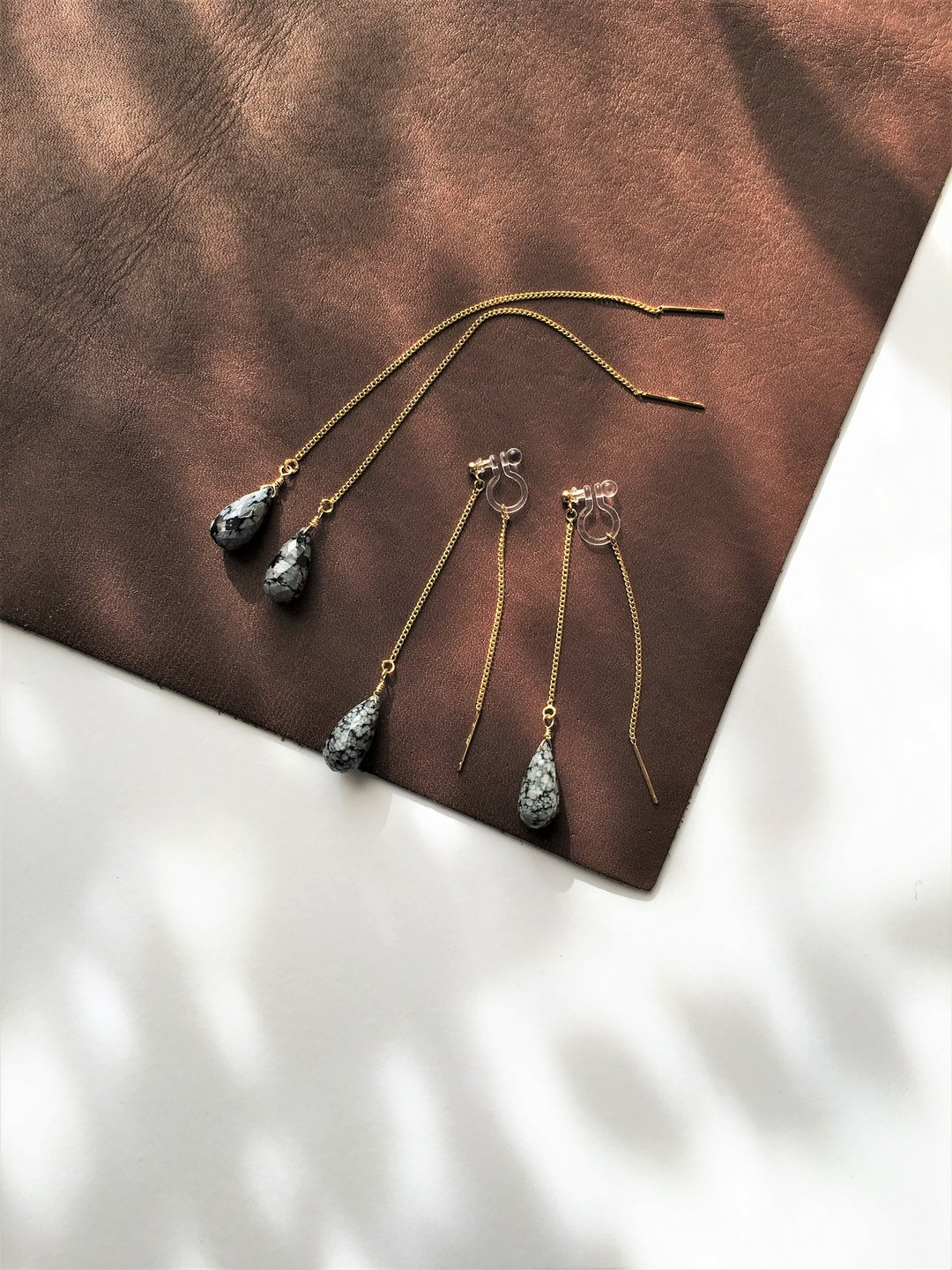 Snow flake Obsidian drop Chian-earring SV925, Clip-earring - 耳环/耳夹 - 石头 黑色