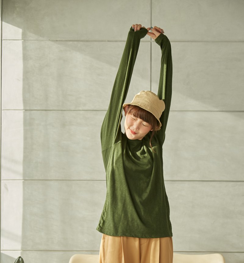 【Off-season sale】Basic Cotton Slub Long Sleeve T-Shirt  - - 中性连帽卫衣/T 恤 - 棉．麻 绿色