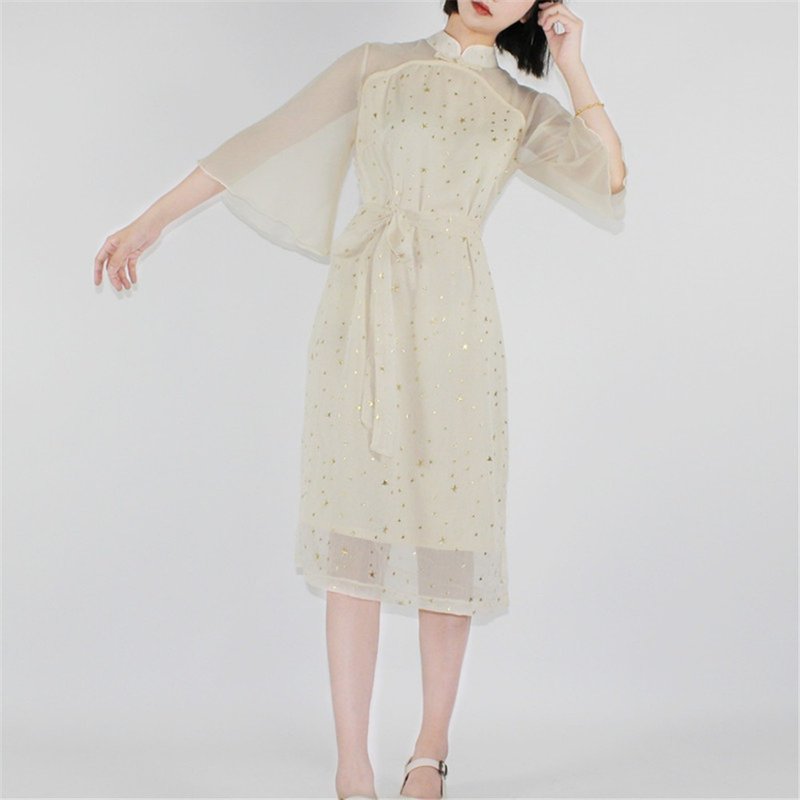 杏色 2色 真絲雪紡星星寬鬆旗袍 新中式中秋春節改良連身裙洋裝 - 洋装/连衣裙 - 其他人造纤维 白色