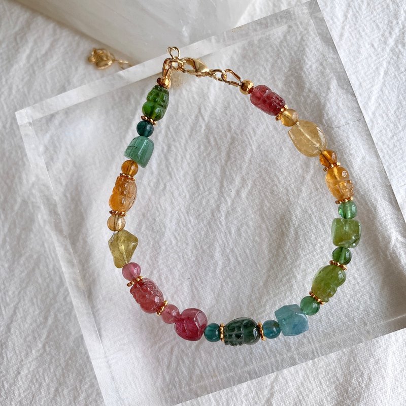 糖果色系 彩虹貔貅原石碧玺手链 天然水晶设计手链 电气石 - 手链/手环 - 半宝石 多色