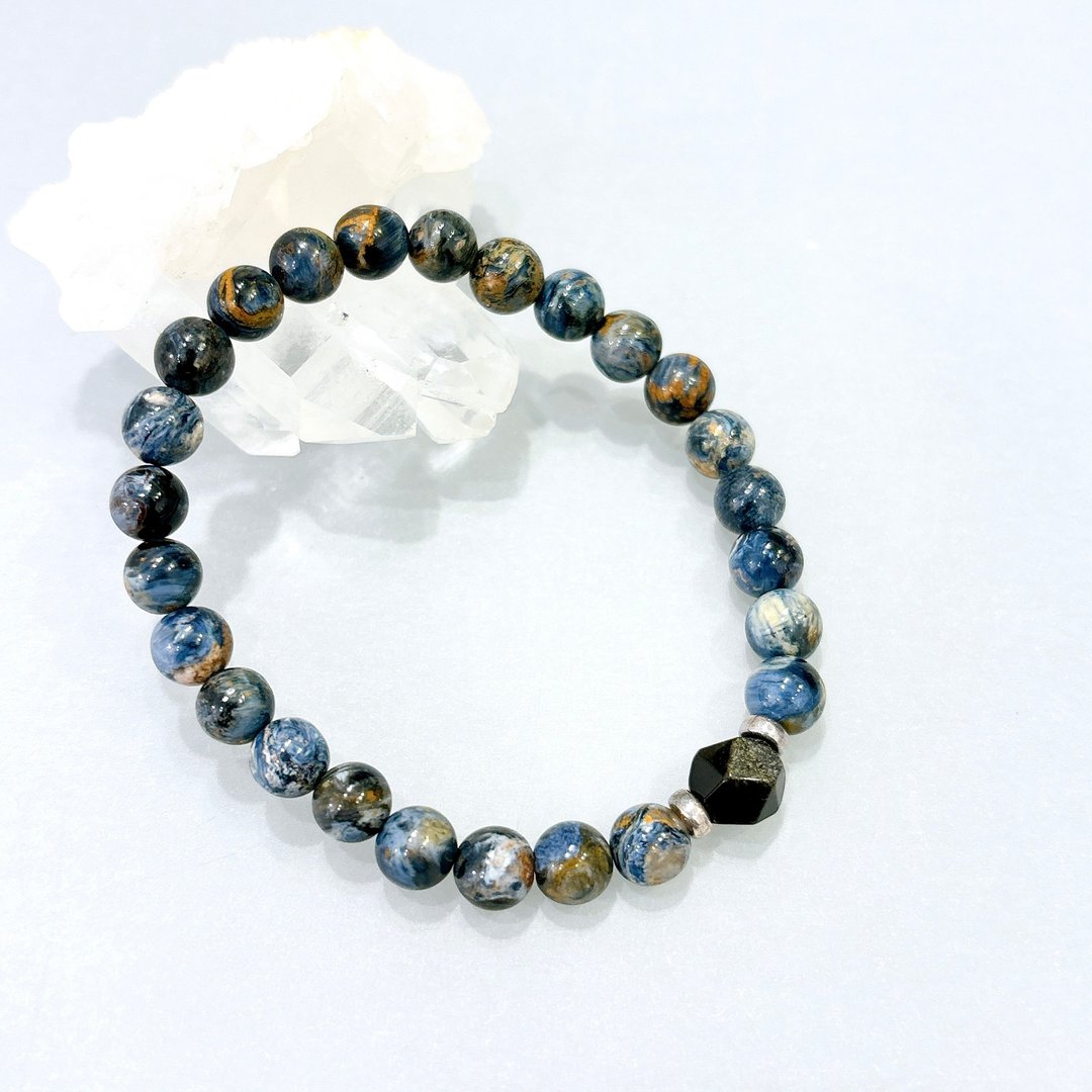 Ops Pietersite silver bracelet -彼得石/925 纯银/金曜石/弹性 - 手链/手环 - 宝石 蓝色