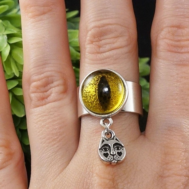 Yellow Glass Cat Eye Evil Eye Silver Adjustable Protection Charm Ring Jewelry - 戒指 - 玻璃 黄色