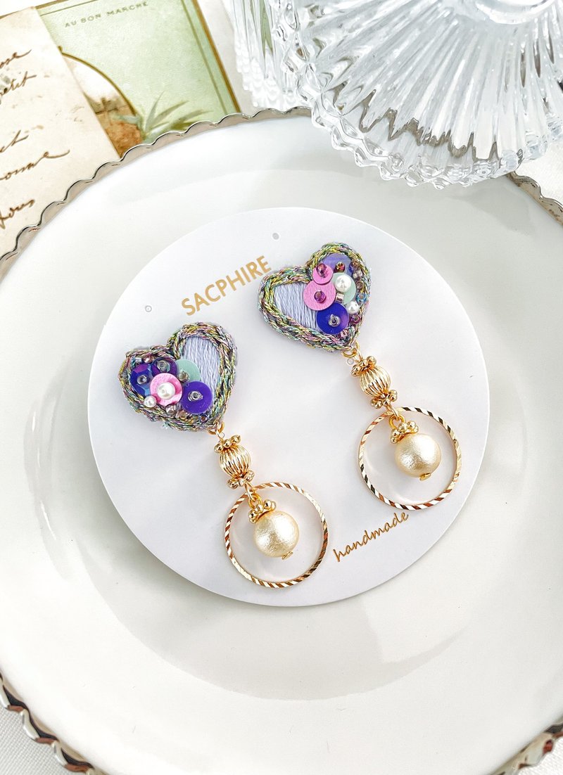 刺绣心形耳环 梦幻 浪漫 异想天开 飘逸 快乐 迷人 - 耳环/耳夹 - 绣线 紫色