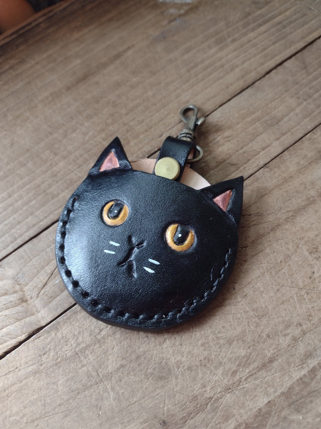 可爱小黑猫 gogoro 钥匙包 纯牛皮皮革套 - 钥匙链/钥匙包 - 真皮 黑色