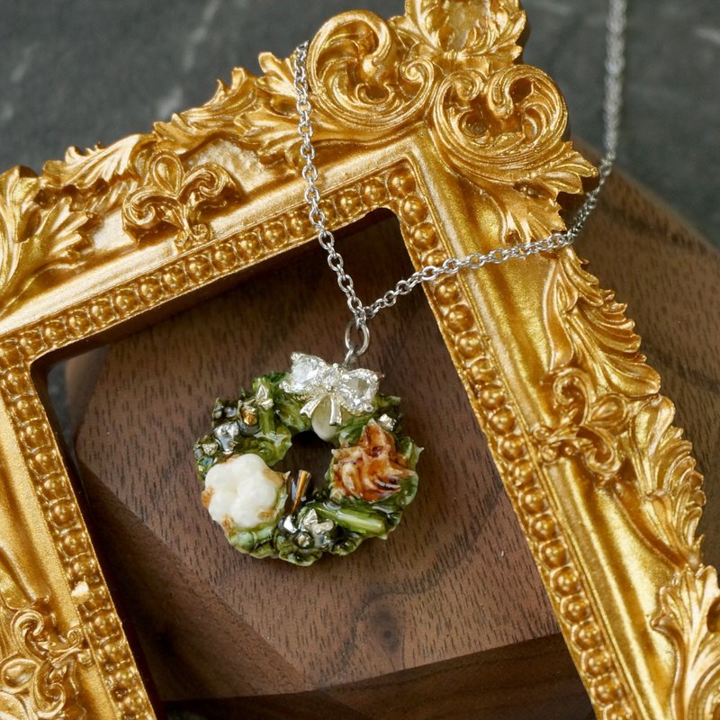 定制化礼物 圣诞迷你花圈花环项链 手工黏土裱花  银色款 - 项链 - 粘土 绿色