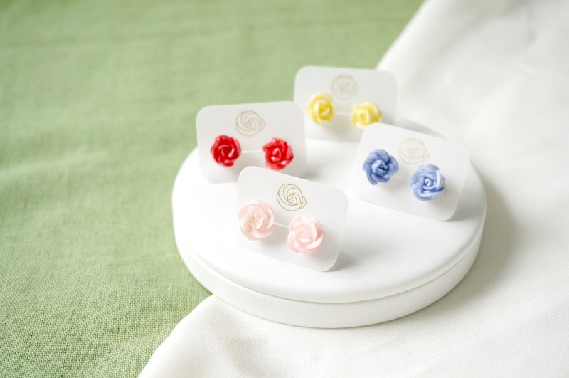 玫瑰耳环耳夹 手工黏土裱花 可定制 - 耳环/耳夹 - 粘土 粉红色