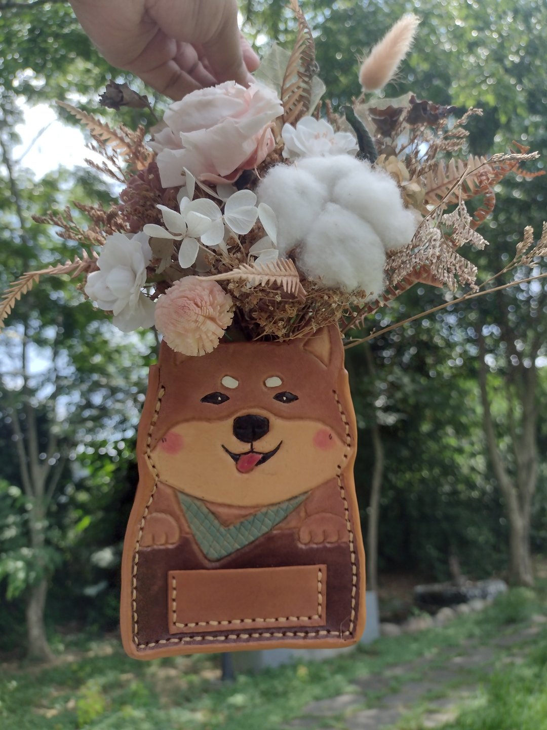 可爱微笑柴犬黑柴  纯牛皮 笔筒/盆器/存钱筒/置物盒 - 收纳用品 - 真皮 金色