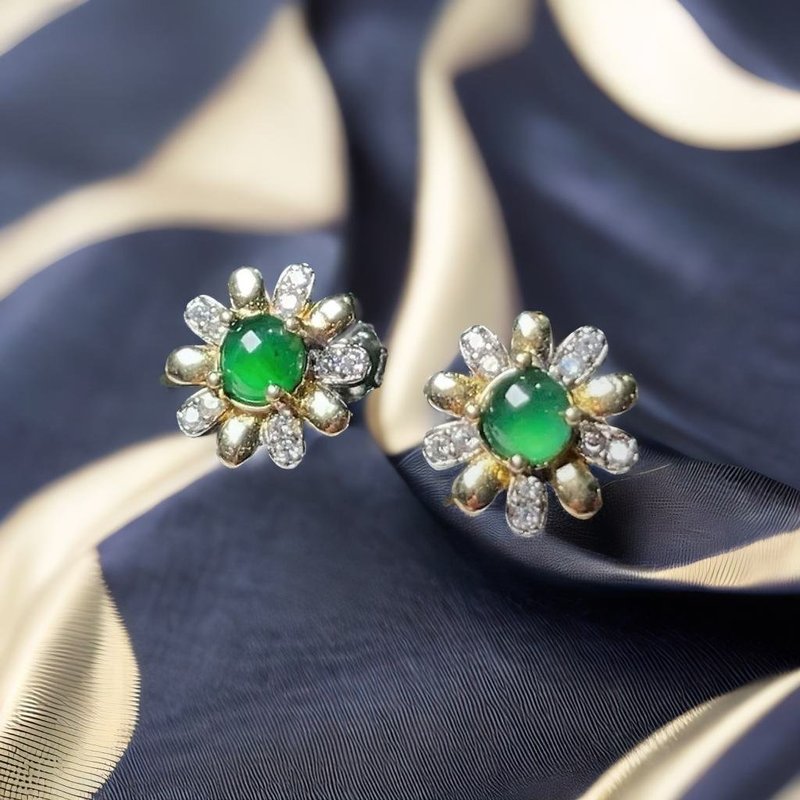 冰绿翡翠蛋面花花耳钉 925纯银 | 天然翡翠A货 | 送礼 - 耳环/耳夹 - 玉石 绿色