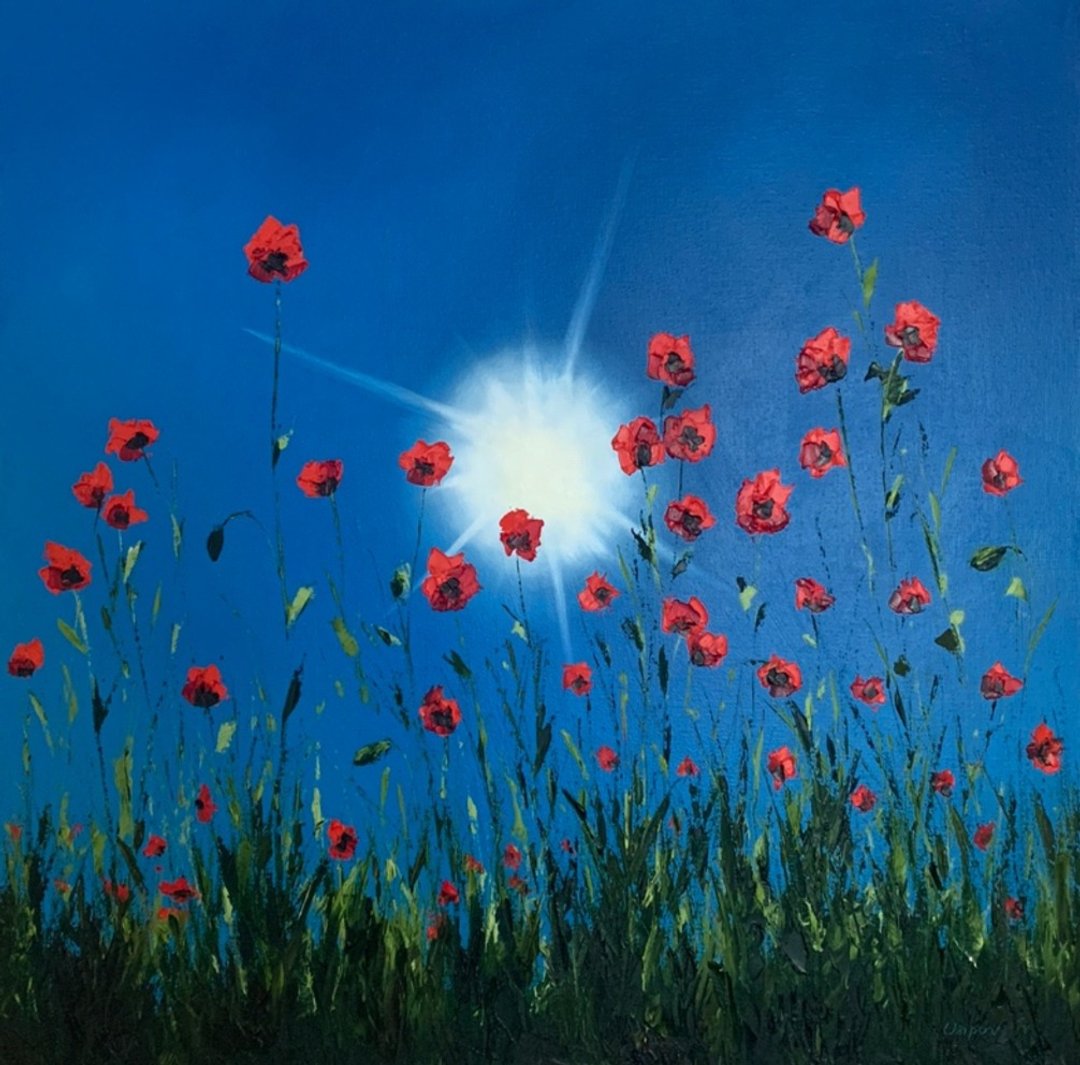 Original Sky Oil Painting On Canvas Poppies Landscape Red Flowers Impasto Art - 墙贴/壁贴 - 棉．麻 多色