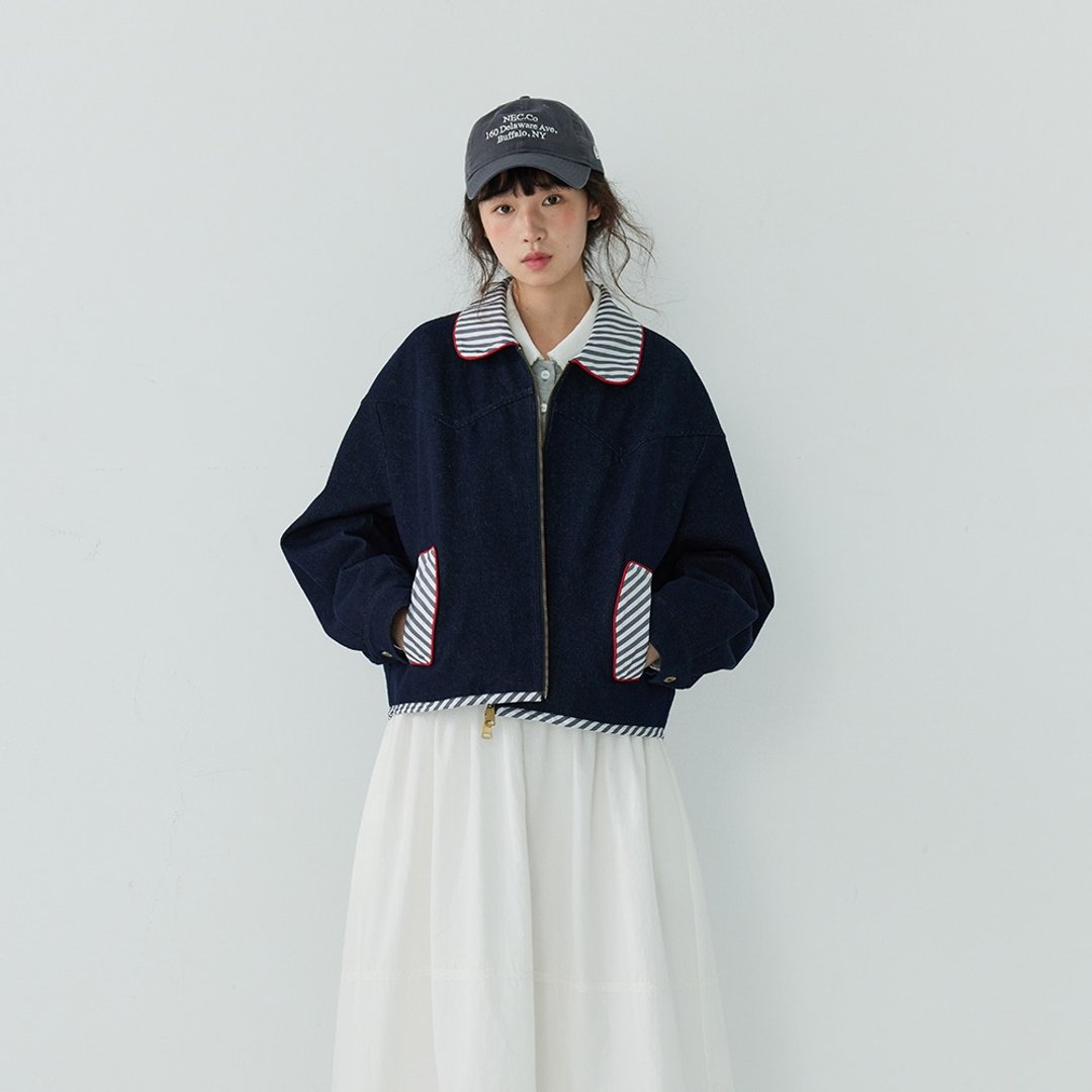 条纹拼接牛仔外套|外套|春款|Sora-1757 - 女装上衣 - 棉 蓝色