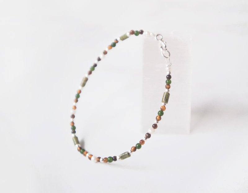 找它 / 绿蠵龟 - 黄虎眼石 碧玉 花绿石 925纯银 定制化 极细手环 - 手链/手环 - 半宝石 绿色