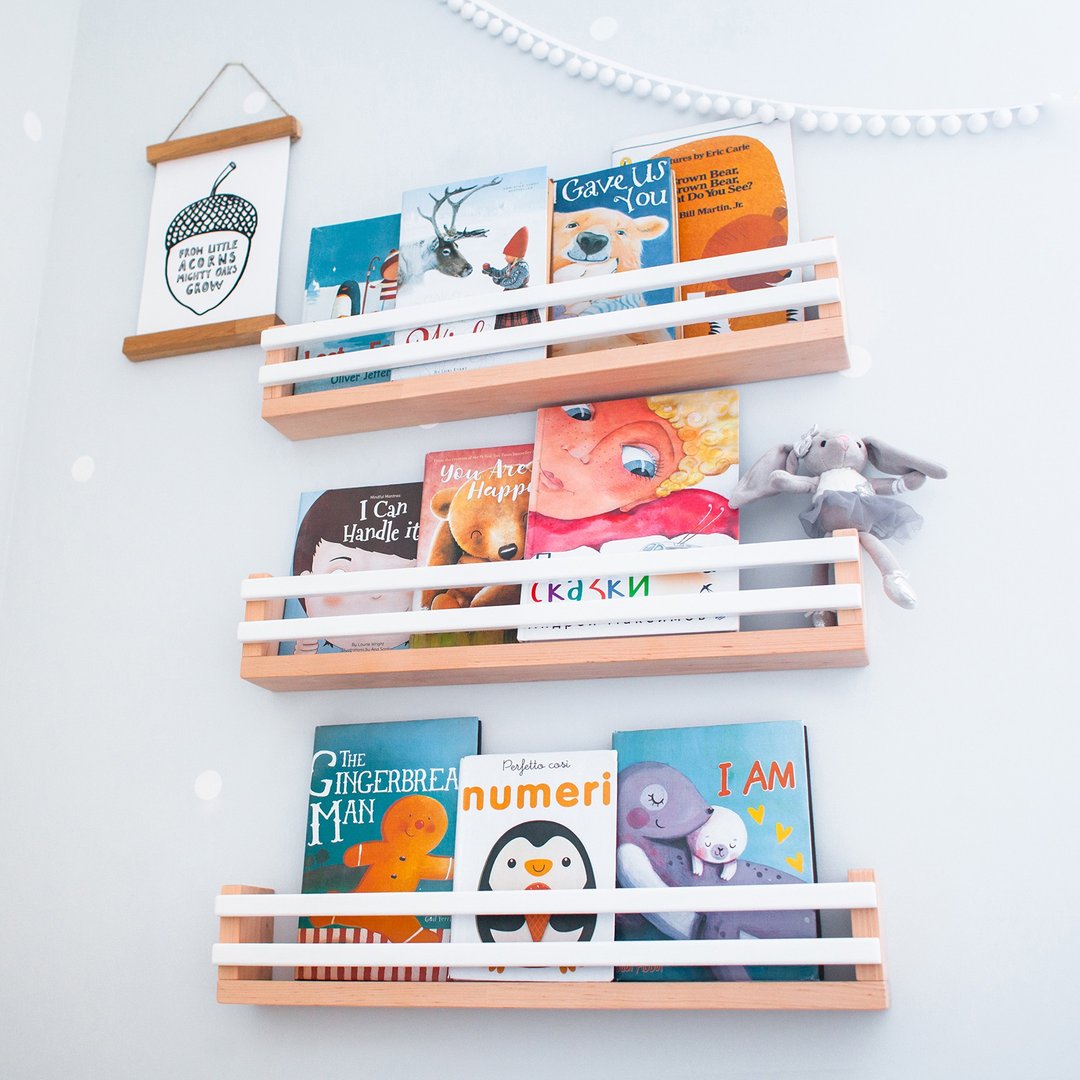 Set of 3 Kids Book Wall Shelf from Natural Wood for Nursery, Kids Wall Bookshelf - 儿童家具 - 木头 