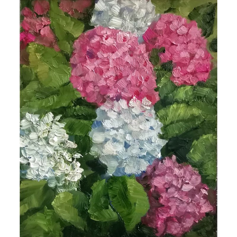 Hydrangea Oil Painting Original Pink White Flowers Art 绣球花油画原稿 - 海报/装饰画/版画 - 其他材质 粉红色