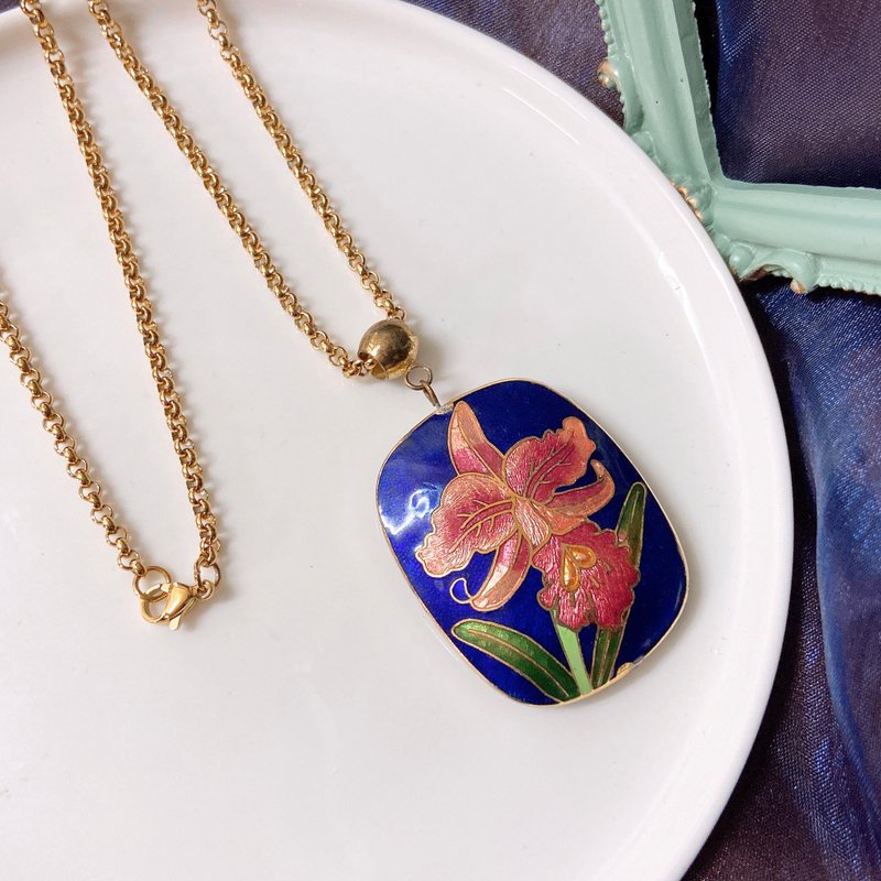 【西洋古董饰品】景泰蓝花卉掐丝珐琅工艺 柔光立体双面彩绘 项链 - 项链 - 贵金属 蓝色