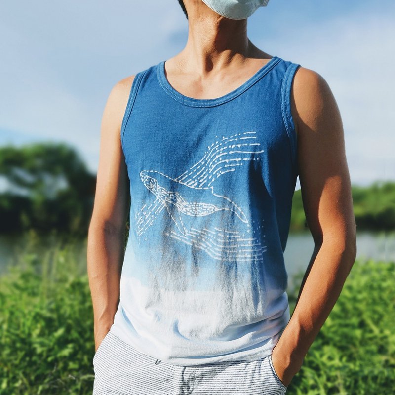 蓝染  回游之歌 中性款背心 - 男装上衣/T 恤 - 棉．麻 蓝色