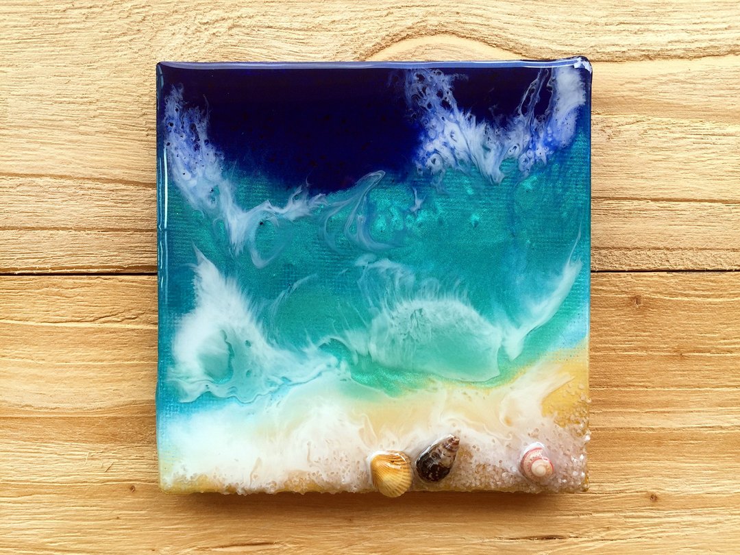 Exclusive-【蓝色海洋】海滩贝壳摆饰 | 玻璃水蓝色树脂海浪挂画 - 海报/装饰画/版画 - 贝壳 