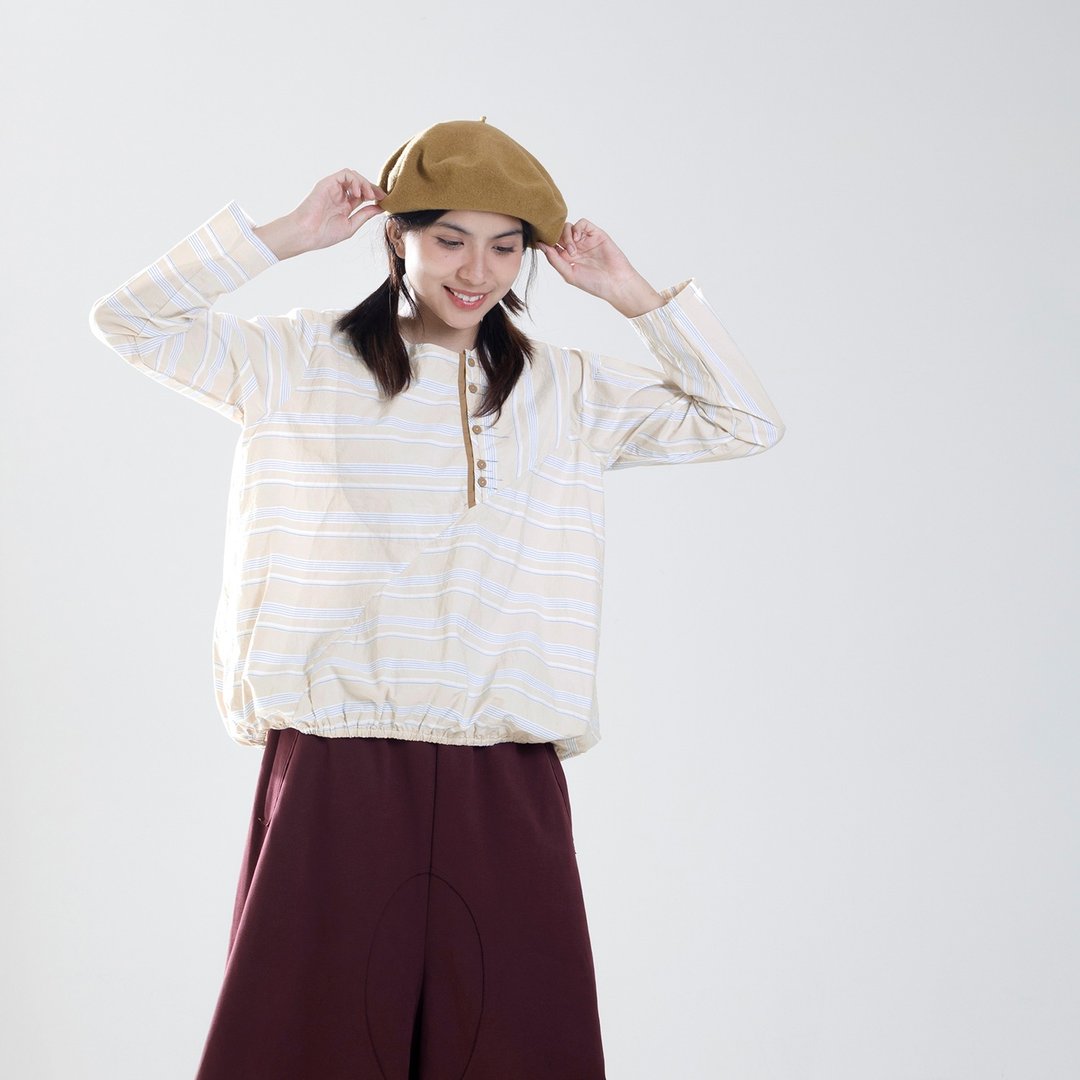 低饱和条纹半开襟上衣 - 女装上衣 - 棉 卡其色