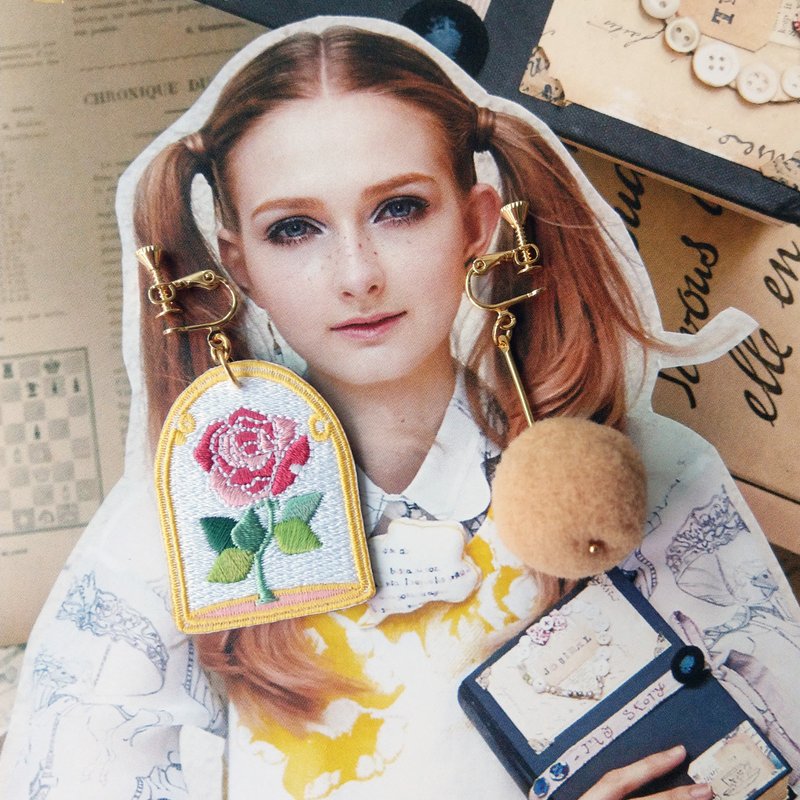 原创插画设计 小王子瓶中玫瑰 刺绣耳环 - 耳环/耳夹 - 绣线 粉红色