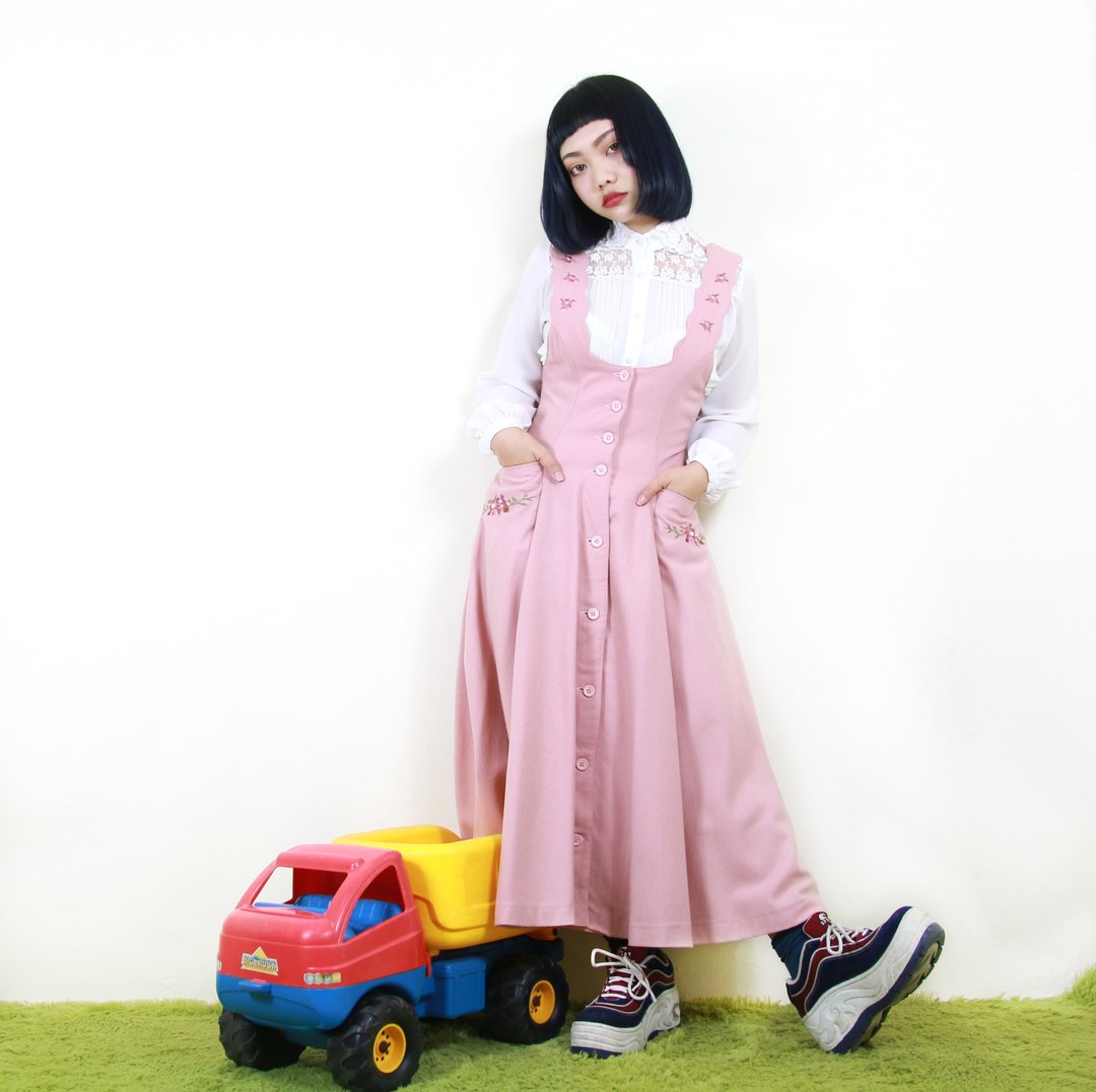 Back to Green::刺绣樱色波提甜甜圈 无袖洋装 vintage dress (OPD-02) - 洋装/连衣裙 - 棉 粉红色