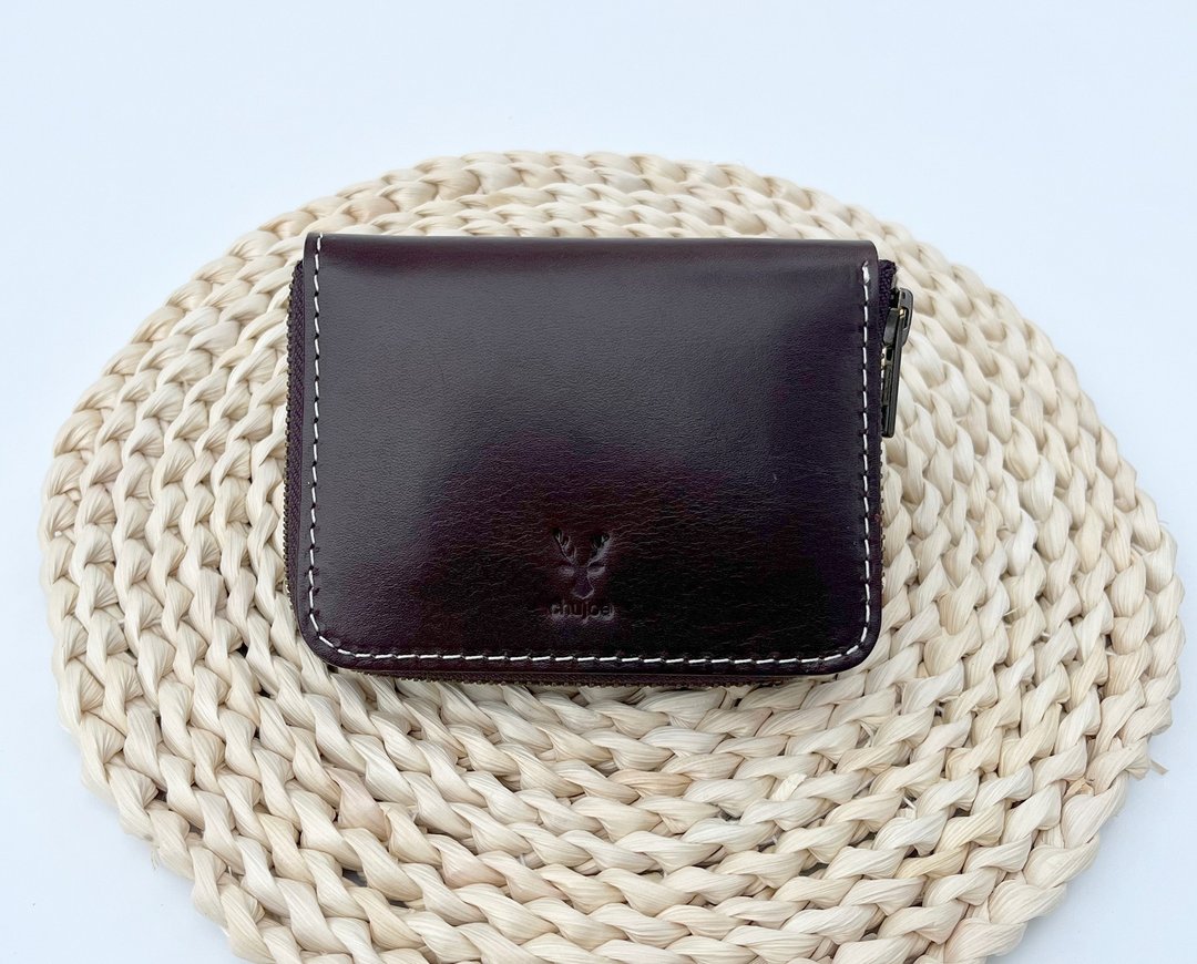 手工植鞣皮銀包 真皮硬幣零錢包 拉鍊短夾皮夾 免費刻字 客制禮物 - 皮夹/钱包 - 真皮 咖啡色