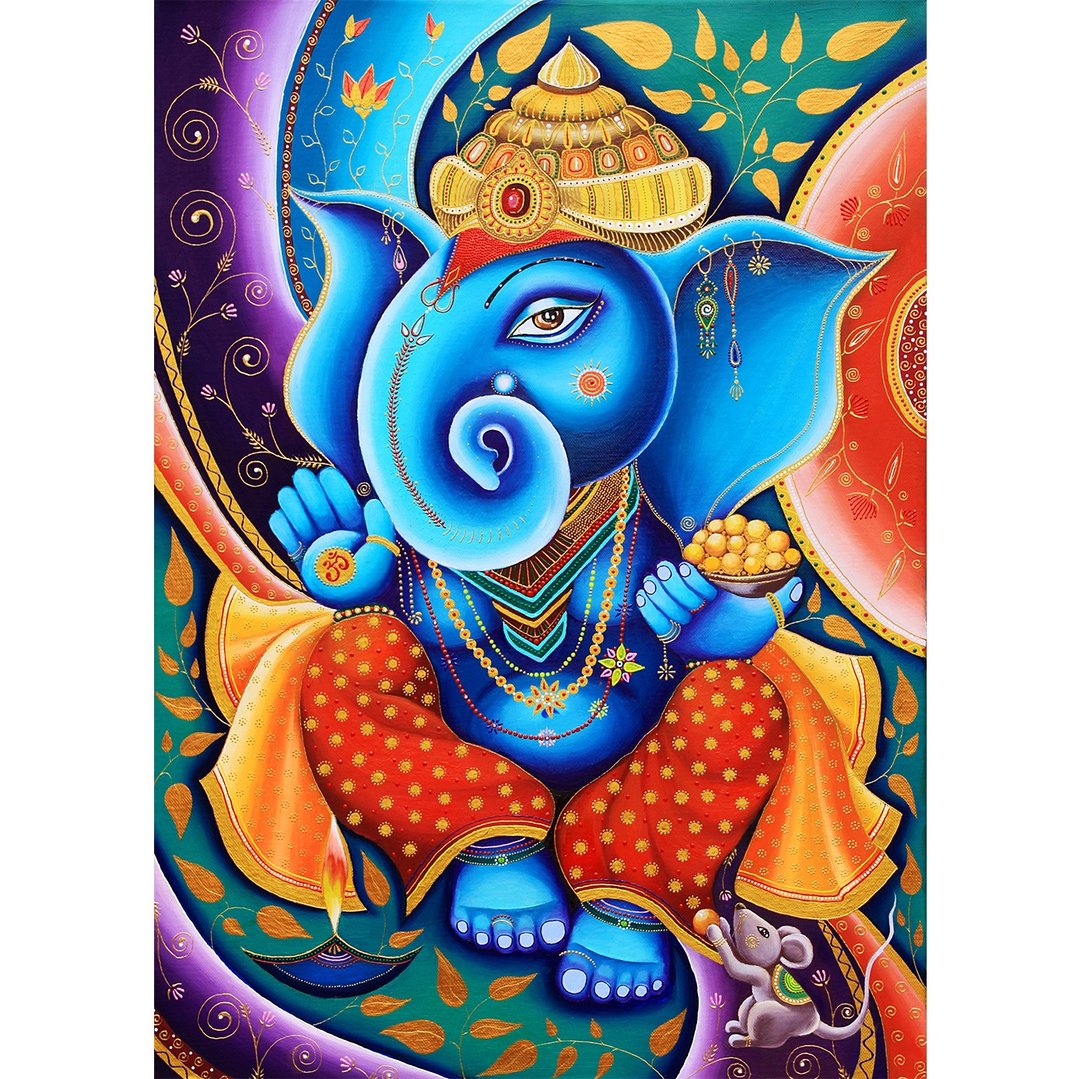 格涅沙绘画 印度原创艺术 Ganapati 壁画艺术 大象艺术品 - 海报/装饰画/版画 - 其他材质 蓝色