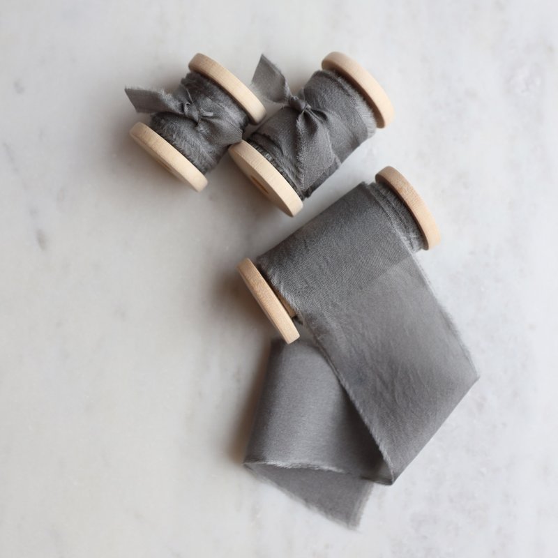 Graphite Silk Ribbon / Hand Dyed Silk ribbon on Wood Spool - 包装材料 - 丝．绢 灰色