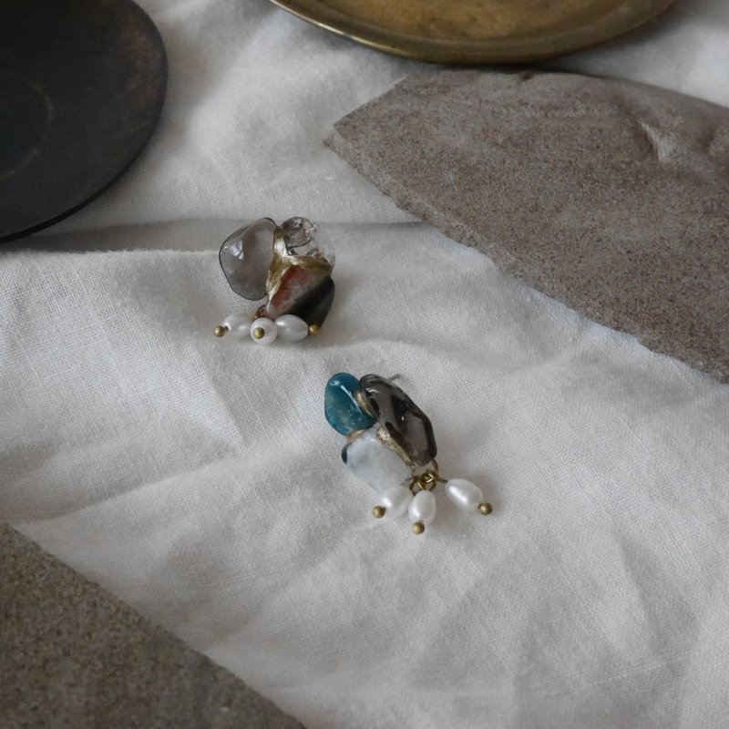 金继 耳环 ピアス / イヤリング | 银的海 no.61 珍珠的海 - 耳环/耳夹 - 半宝石 咖啡色