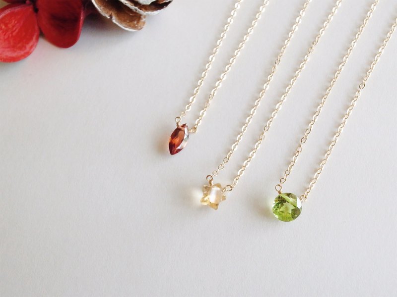 14KGF 石榴石/黄水晶/橄榄石 戒面切割 天然石项链锁骨链 迷你款 - 项链 - 宝石 多色