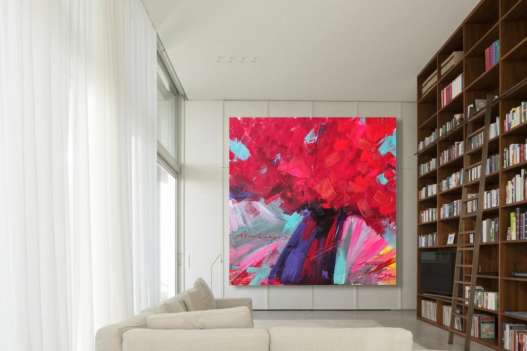 Red Abstract Art Original Abstract Oil Painting Large Wall Art Red Wall Decor - 海报/装饰画/版画 - 亚麻 红色