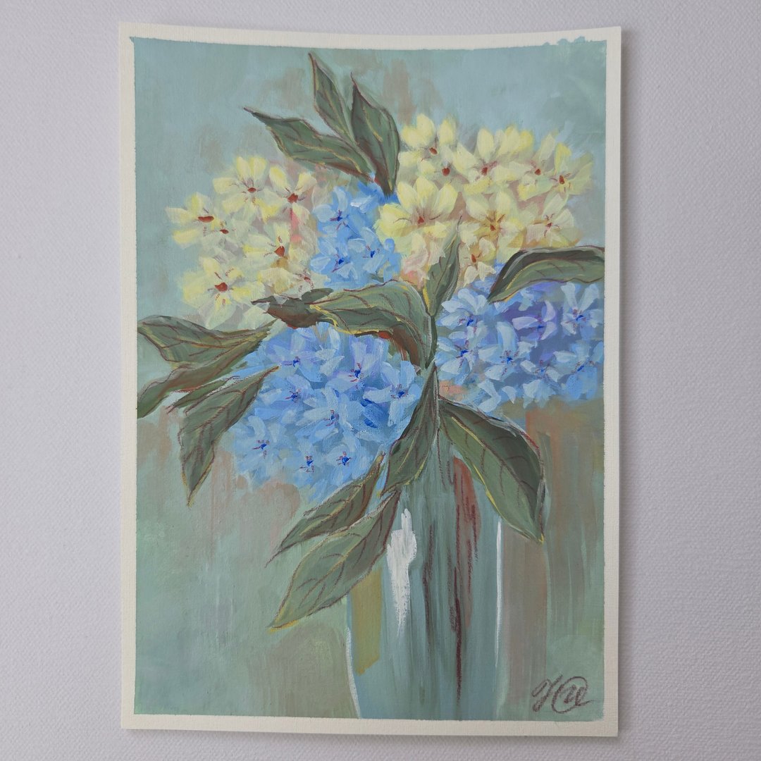绣球花 原创 ग््वॉश 花卉画作 植物 疗愈 小型艺术 花朵 - 海报/装饰画/版画 - 纸 绿色