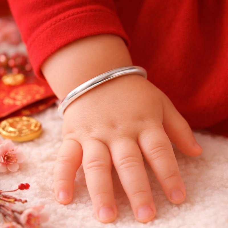 999纯银手镯|儿童(2-12岁)尺寸手环亮面素面|可调整大小|附礼盒礼 - 手链/手环 - 纯银 银色