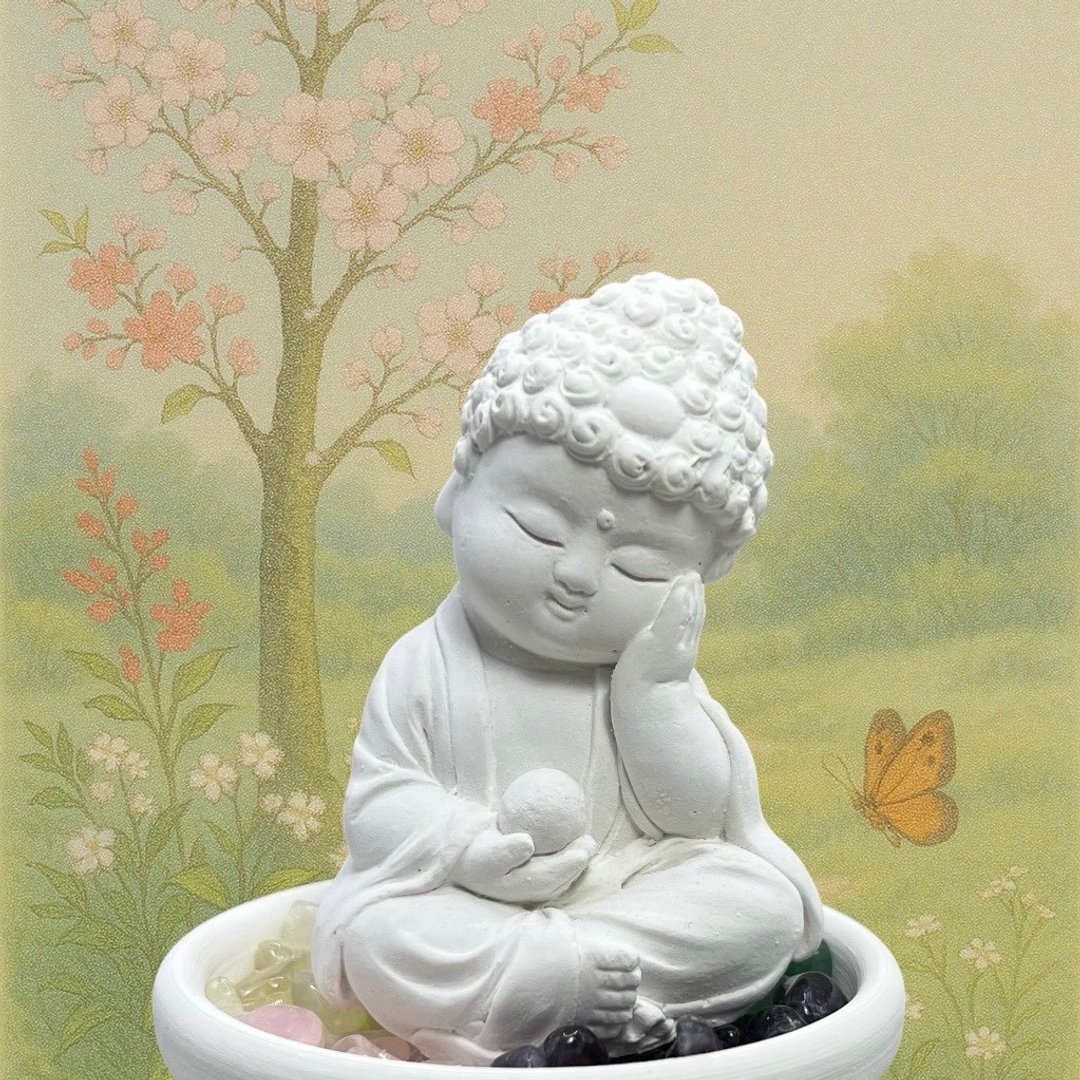 五行水晶矿石之吉祥静性小佛小盘套组 开运水晶 赠5ML精油香氛 - 香薰/精油/线香 - 水泥 白色
