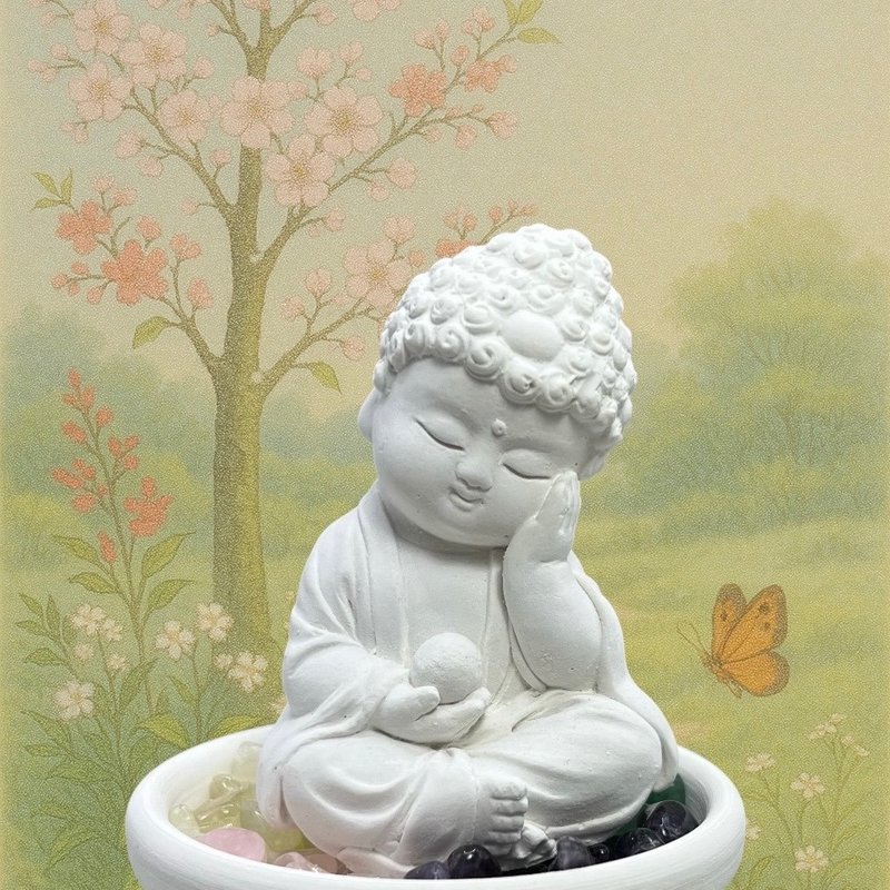 五行水晶矿石之吉祥静性小佛小盘套组 开运水晶 赠5ML精油香氛 - 香薰/精油/线香 - 水泥 白色
