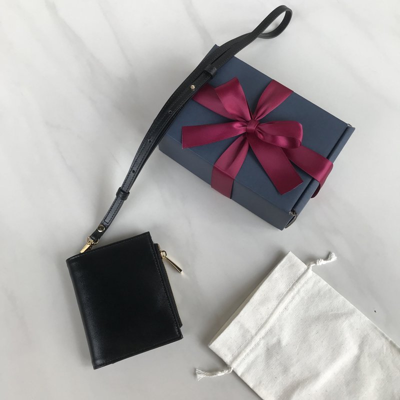 短夾包 真皮钱包 wallet with strap - Black&Gold - 皮夹/钱包 - 真皮 黑色
