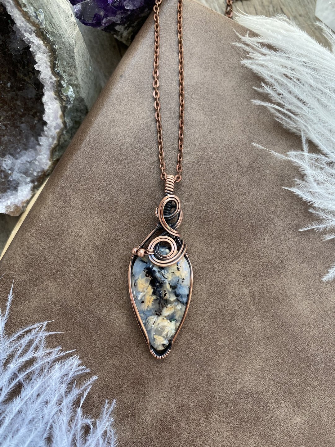 WW182  全手工编织 绕纯铜线 wire wrap 树枝玛瑙吊咀 - 项链 - 铜/黄铜 咖啡色