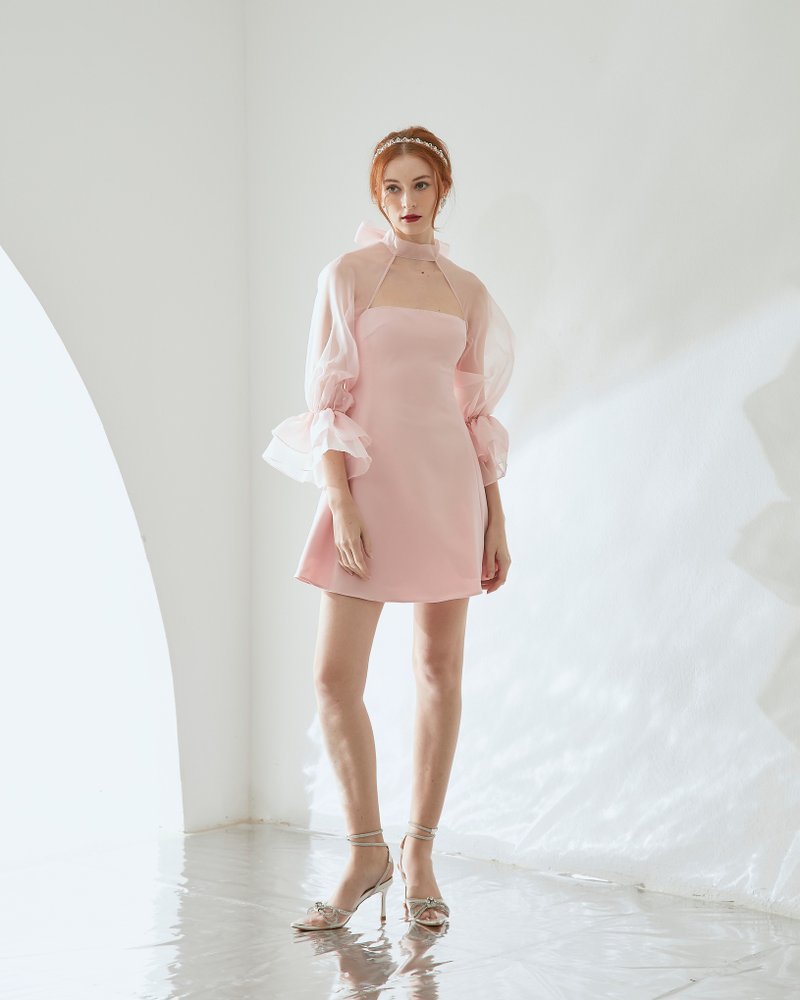 Mini Dress with Silk Chiffon Sleeves (Cocktail dress, Party dress, Evening dress - 洋装/连衣裙 - 丝．绢 粉红色