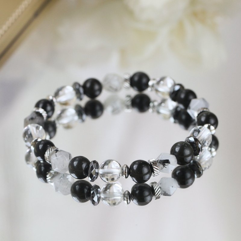 黑曜石 黑发晶 白水晶。太极 健康平安避邪招财 男款水晶手链 8mm - 手链/手环 - 水晶 黑色