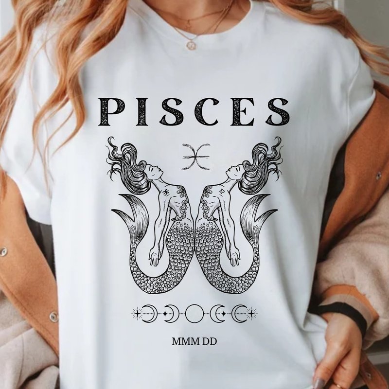 双鱼座 可定制化生日 星座上衣 中性短上衣 - 女装 T 恤 - 棉．麻 灰色