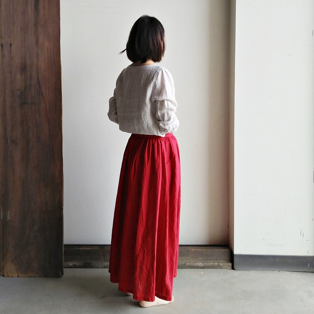 斜口袋细折优雅长裙  亚麻 红 - 裙子 - 棉 红色
