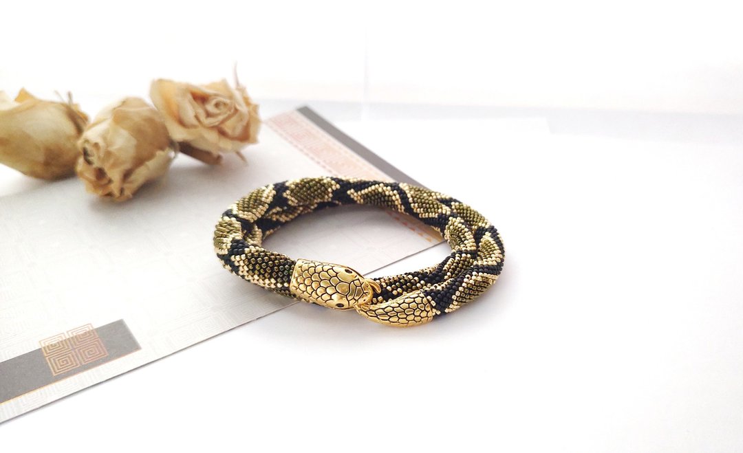 Beaded Snake bracelet necklace Python serpent Beaded Brown metalic snake - 手链/手环 - 其他材质 咖啡色