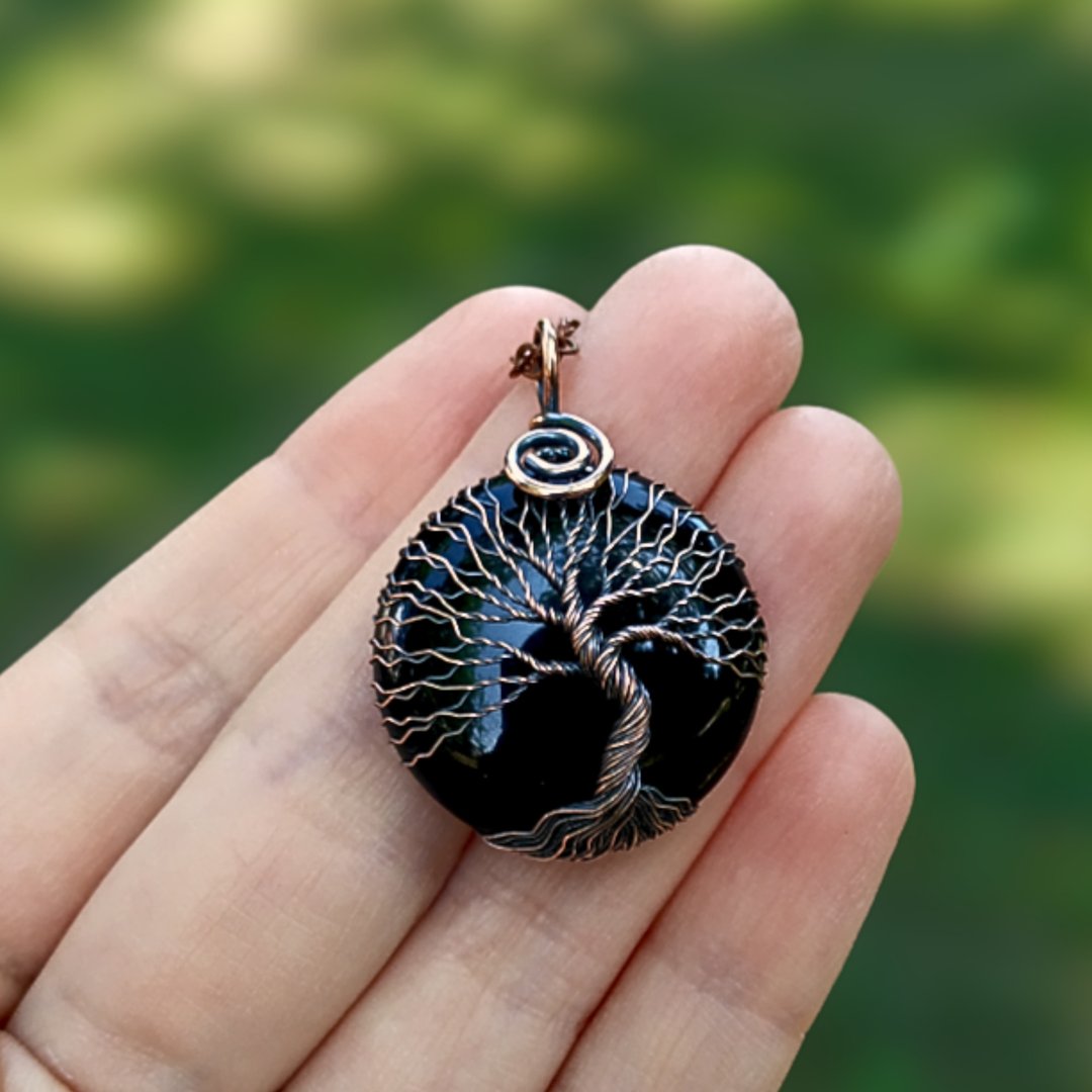 维京项链，生命之树线圈吊饰，凯尔特 Yggdrasil 男士项链 - 长链 - 宝石 黑色