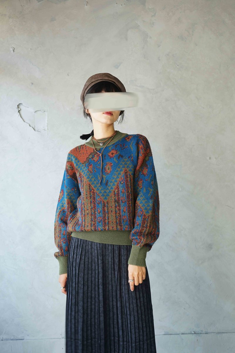 寻宝古着-复古几何缇花军绿色半高领亲肤毛衣 - 女装针织衫/毛衣 - 羊毛 绿色