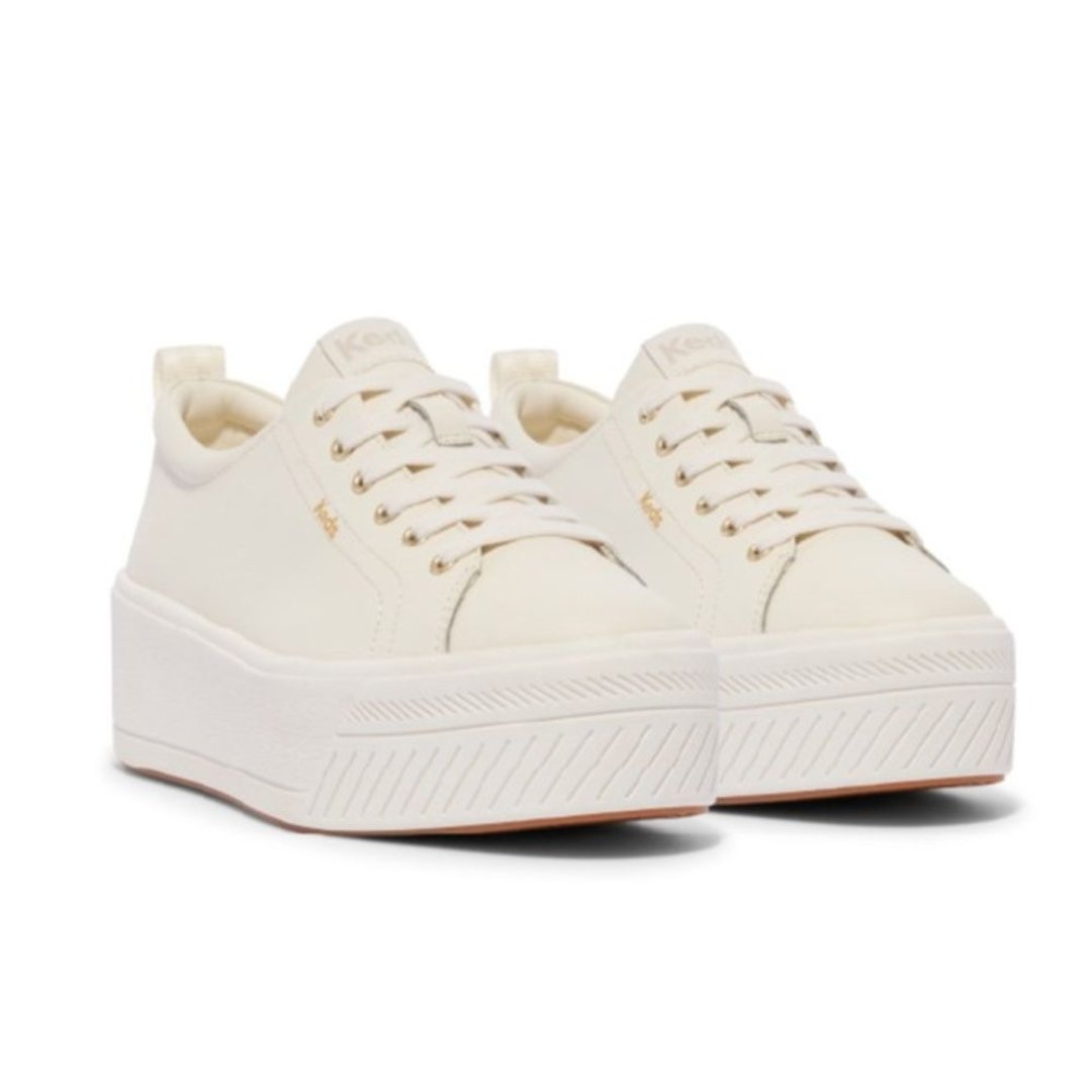 KEDS SKYLER LEATHER 皮革厚底增高鞋 冰川白/香槟金 WH68134 - 女款休闲鞋 - 其他材质 