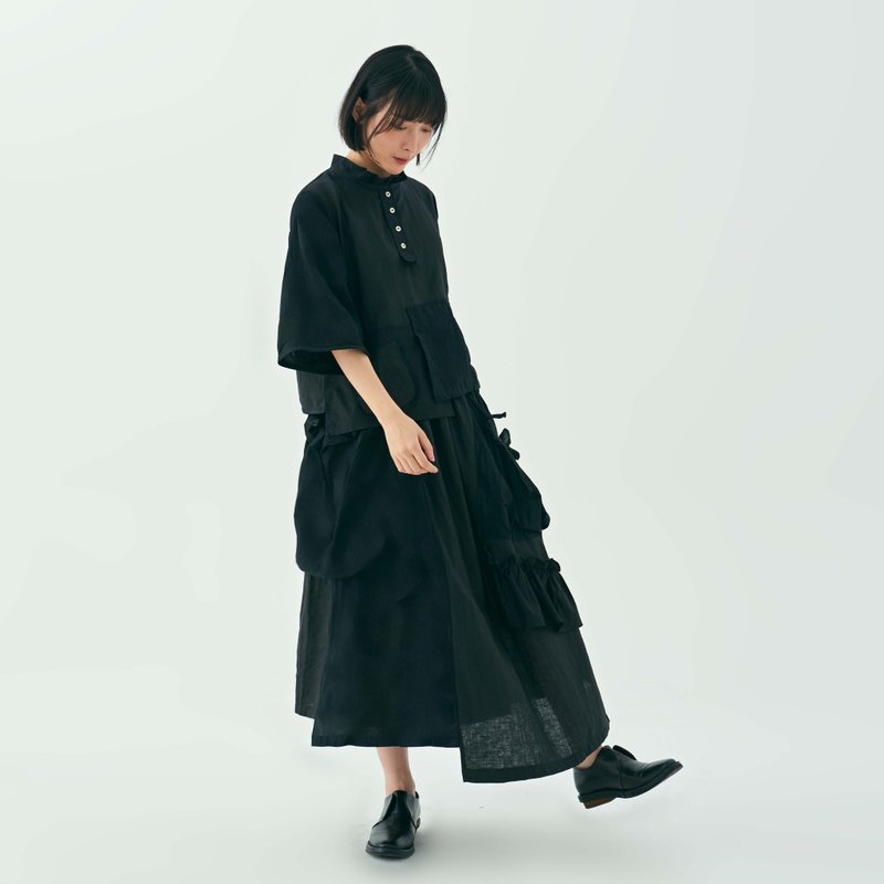 秋季新品|黑色拼接腰半身裙|長裙|棉質口袋|文青學院|優雅復古裙 - 裙子 - 棉．麻 黑色