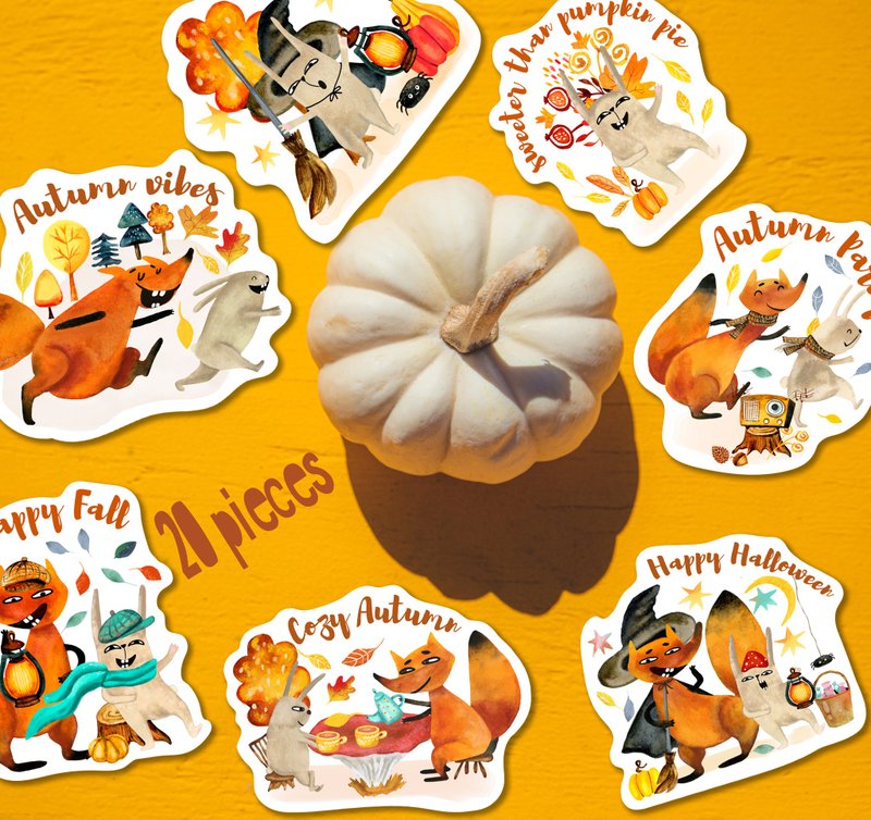 Watercolor autumn funny characters cute fox rabbit bunny hare STICKERS DIGITAL - 其他 - 其他材质 橘色